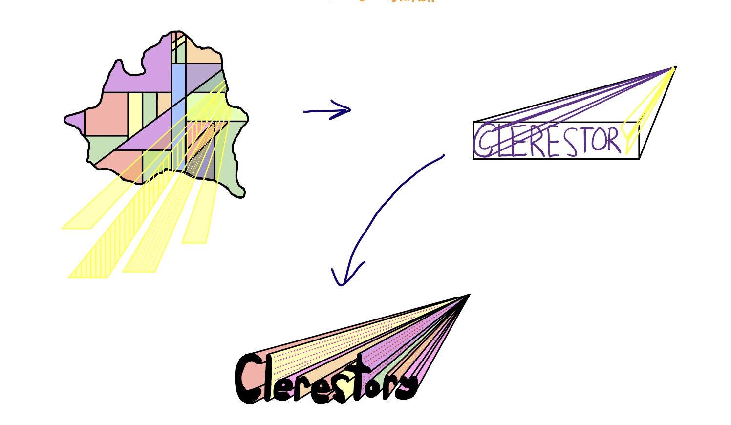 Clerestory concept development from island motif to light-ray logo