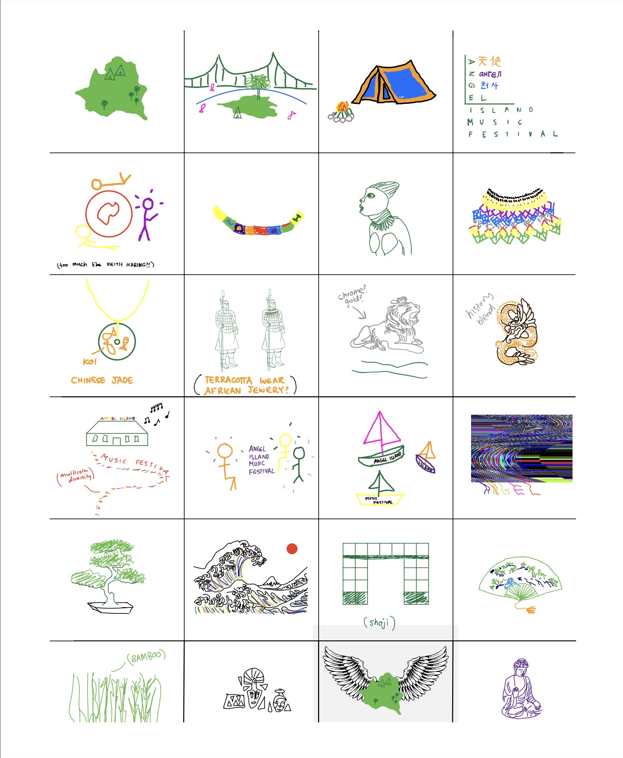 Grid of early Clerestory visual research and hand-drawn symbols